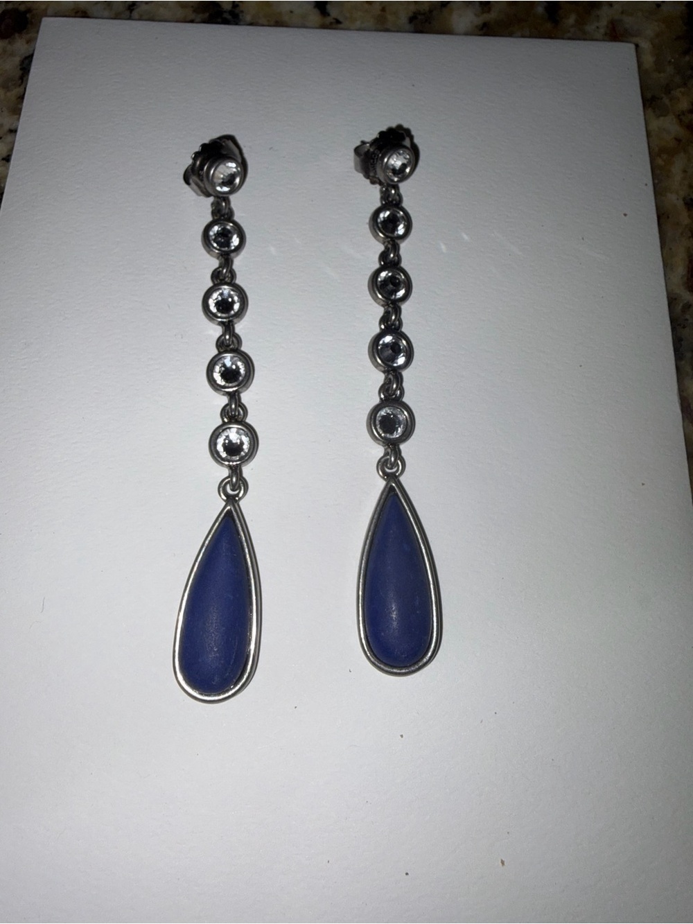 Silver Drop Dangle Earrings with Blue Teardrop Accents
